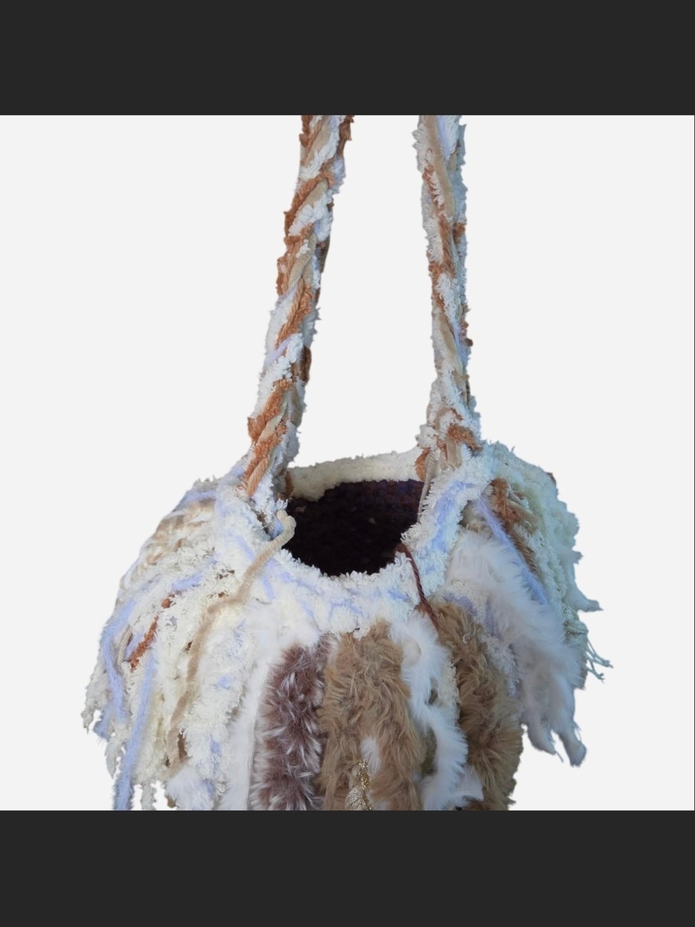 Boho Fringe Crochet Shoulder Bag in Cream and Tan